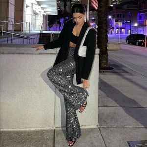 NWT Zara flared sequin leggings in Dark silver